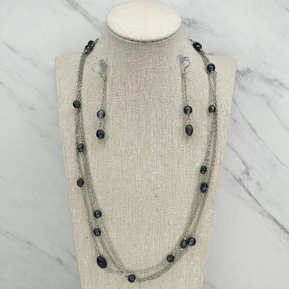 Silver Tone Blue Beaded Chain Link Necklace and Matching Dangle Earrings - Picture 1 of 7